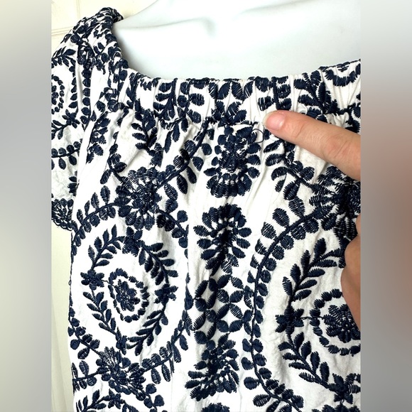 ENTRO Navy Blue White Embroidered Off The Shoulder Dress Short Mini Scalloped - Picture 11 of 14